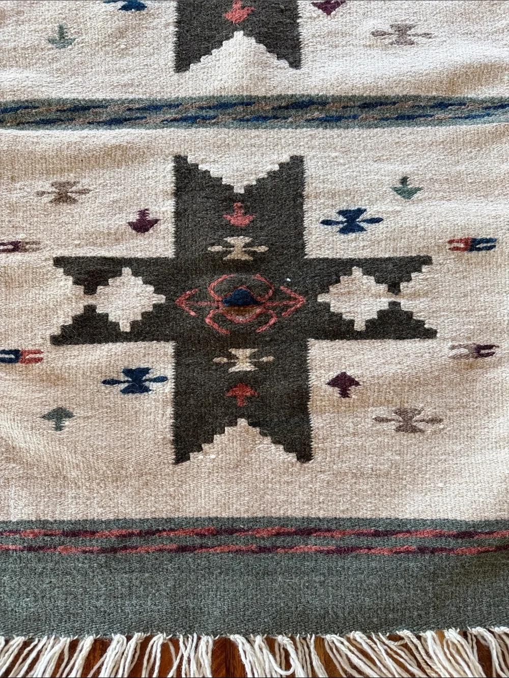 Handwoven Southwestern Star Wool Rug  Cream and Charcoal
